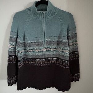 Eddie Bauer Teal and Brown Patterned Turtleneck Sweater with Rhinestones Size L